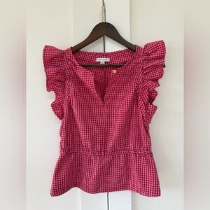 Ruffle-Sleeve Pink Gingham Peplum Top